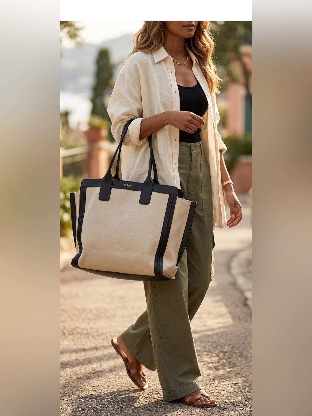 Chloé Allison Cream/Black Calfskin Leather Tote